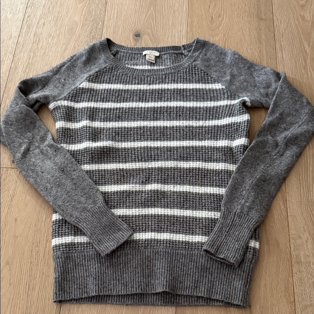 J. Crew Gray and White Striped Crew Neck Sweater